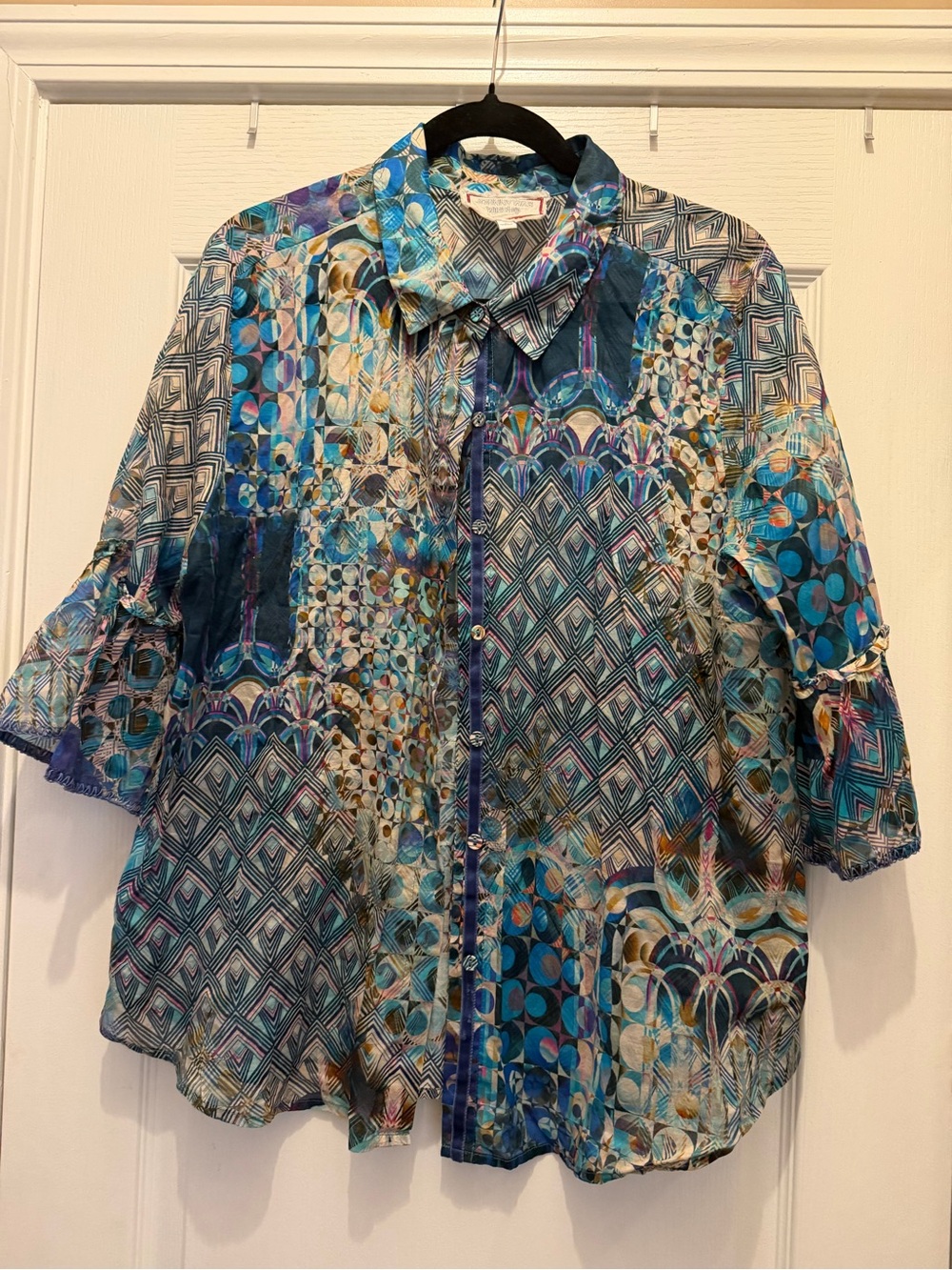 Johnny Was Multicolor Blue Geometric & Floral Button-Down Shirt L - NWOT